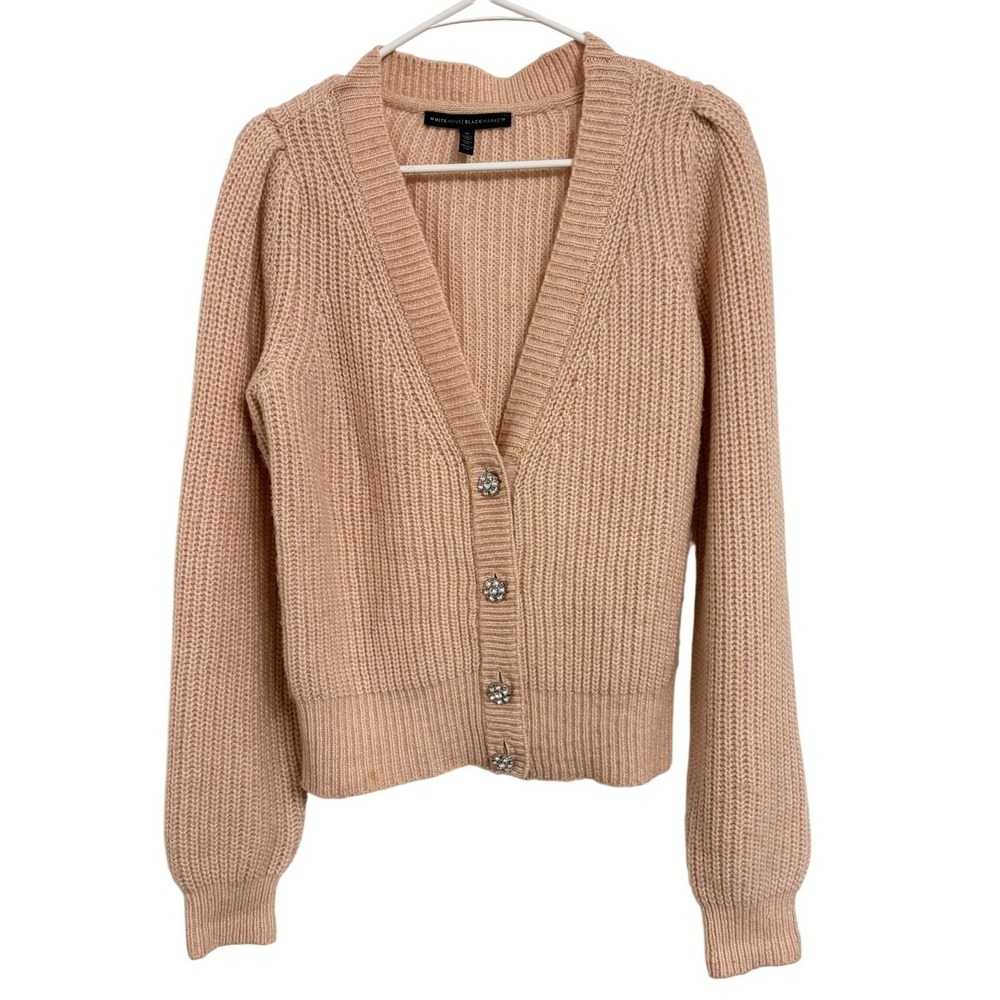 White House Black Market Blush Pink Shaker Knit Rhinestone Button Cardigan M